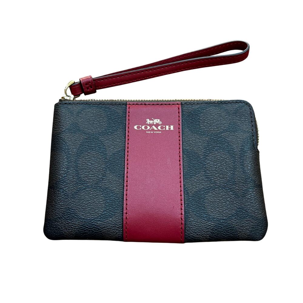 Coach pebbled leather wristlet wallet black/brown signature logo & red trim